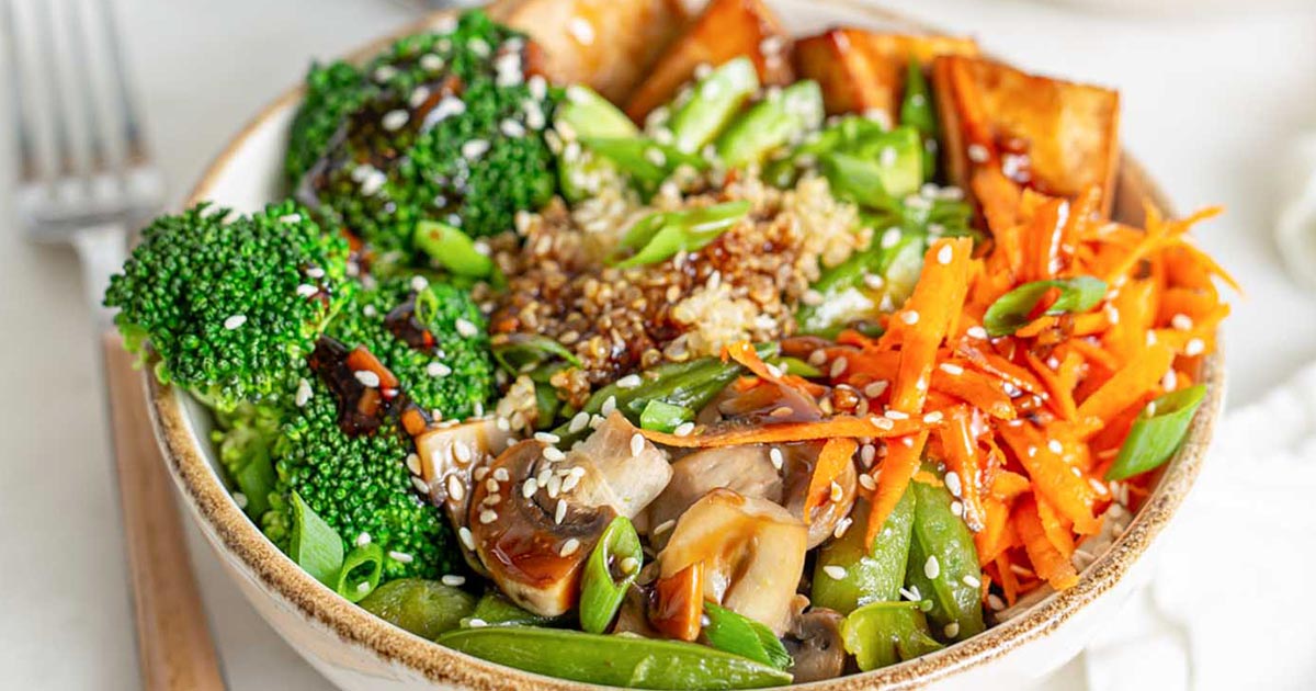High-Protein Vegan Teriyaki Quinoa Bowls with Crispy Tofu